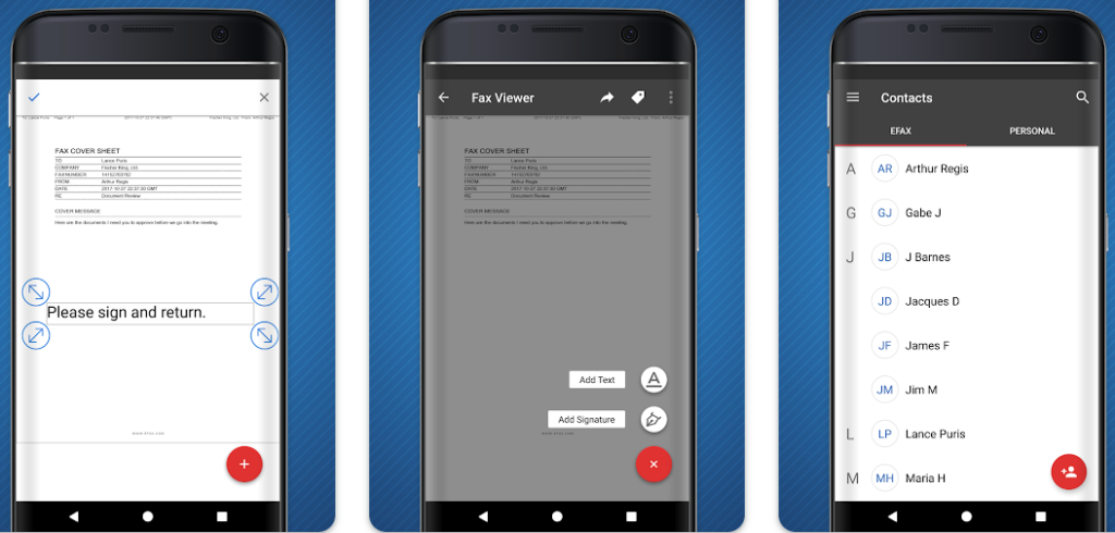 Three screenshots of the eFax Android mobile app showing document editing, fax viewing with signature and text options.